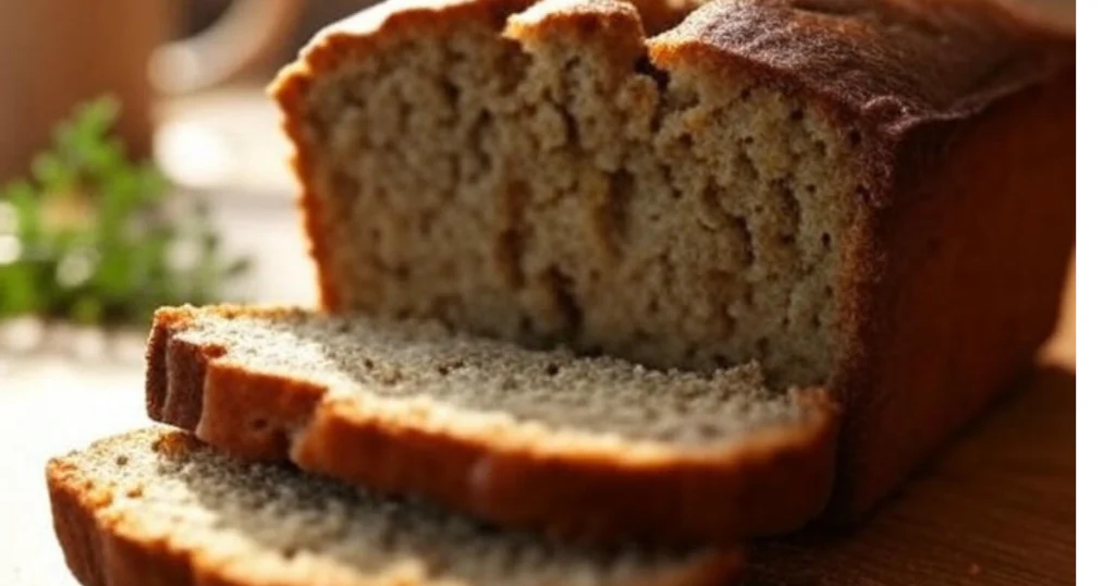 Sliced homemade banana bread loaf on a wooden surface in natural sunlight
