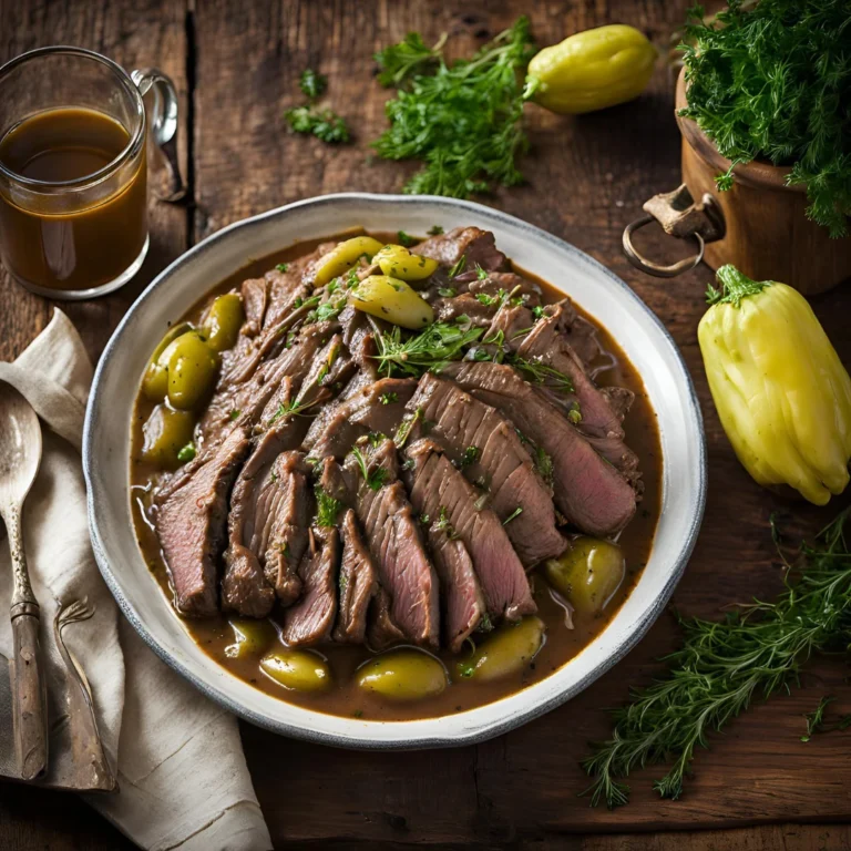 A mouthwatering Mississippi Pot Roast served on a white plate, featuring tender, juicy shredded beef with rich brown gravy, garnished with pepperoncini peppers and fresh parsley.