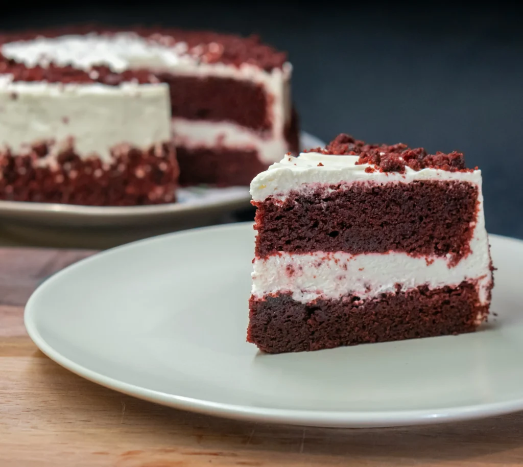 Red Velvet Christmas Cake Slice with Cream Cheese Frosting