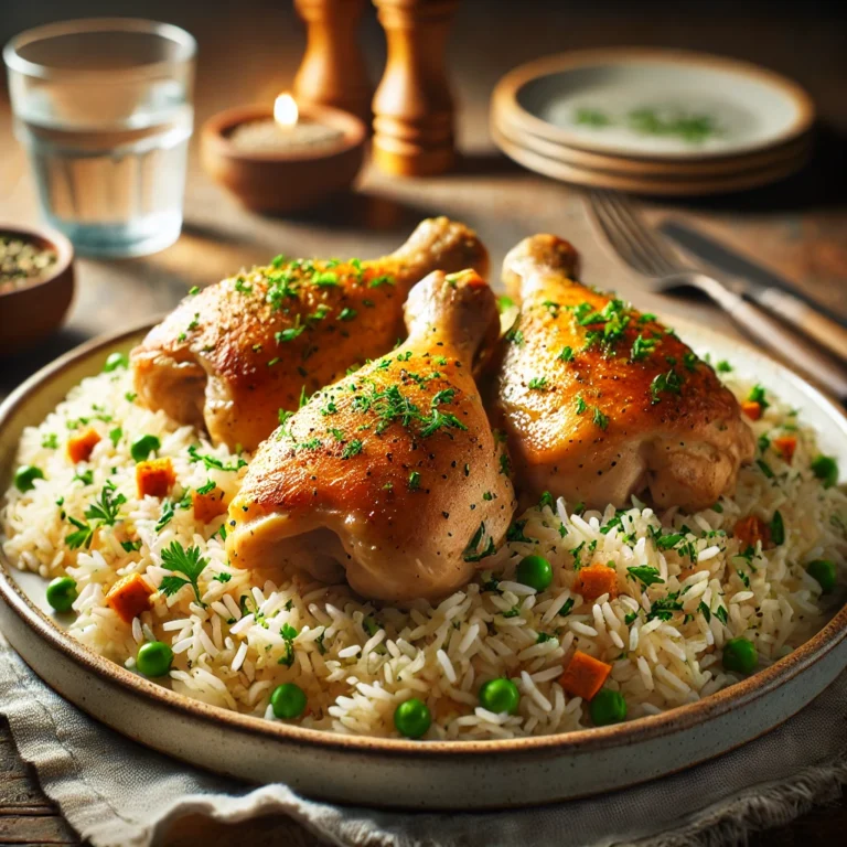 A delicious plate of chicken and rice with tender chicken thighs, fluffy rice, and a sprinkle of fresh parsley.