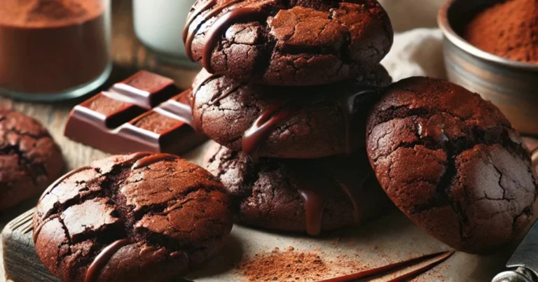 A close-up view of freshly baked chocolate brownie cookies, with a soft, fudgy center and crinkled top, scattered with chocolate chips and dusted with powdered sugar.