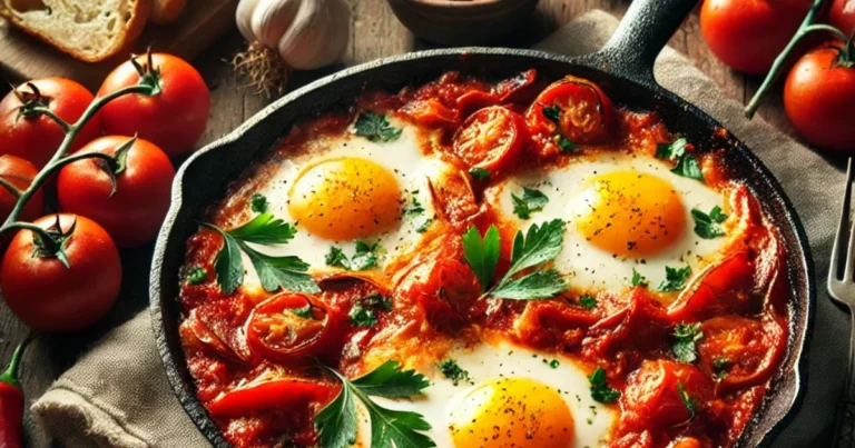 A close-up of a sizzling pan of shakshuka, with fried eggs nestled in a vibrant tomato and bell pepper sauce, garnished with fresh parsley