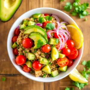 Fresh avocado, quinoa, and colorful vegetables like tomatoes, cucumber, and red onion arranged in a healthy salad recipe with a lemon vinaigrette.