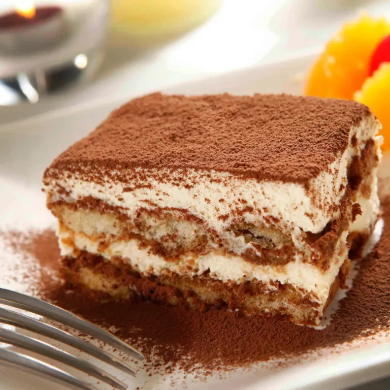 A square slice of tiramisu on a white plate, dusted with cocoa powder.