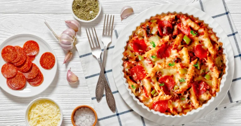 A plate of cheesy sausage pasta topped with melted cheese, slices of sausage, and a creamy sauce. The pasta is perfectly cooked, with a rich and savory look, garnished with fresh herbs for a final touch.