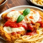 Golden, crispy chicken parmesan topped with melted mozzarella cheese and marinara sauce, garnished with fresh basil, served on a white plate with spaghetti.