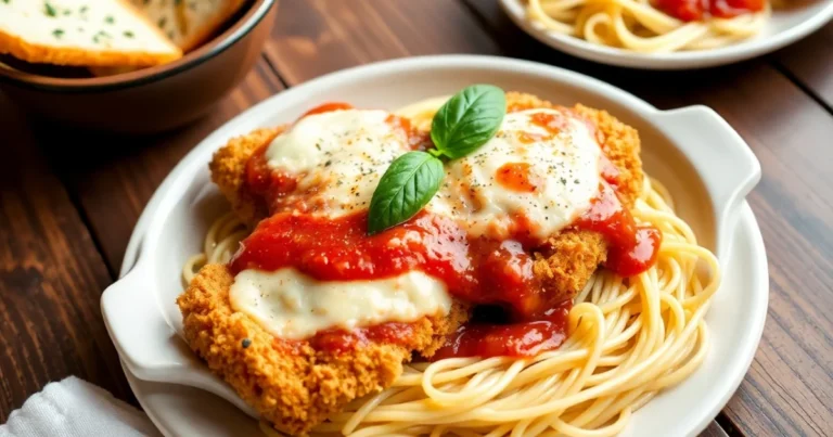 Golden, crispy chicken parmesan topped with melted mozzarella cheese and marinara sauce, garnished with fresh basil, served on a white plate with spaghetti.