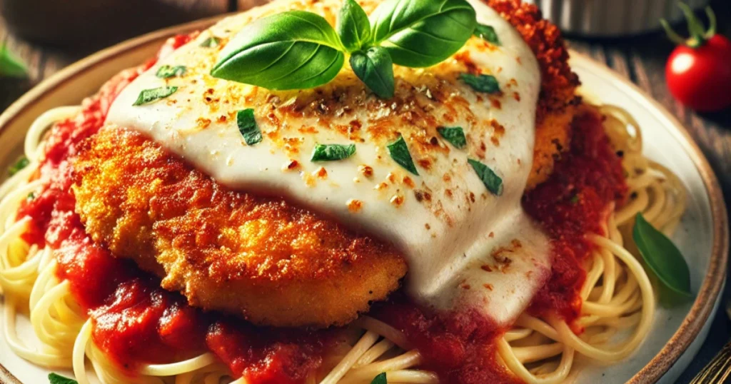 Crispy Chicken Parmesan with marinara sauce, melted mozzarella, and fresh basil, served over spaghetti.