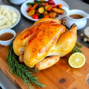 A perfectly roasted rotisserie chicken recipe with golden, crispy skin, surrounded by fresh herbs and lemon halves on a wooden cutting board.