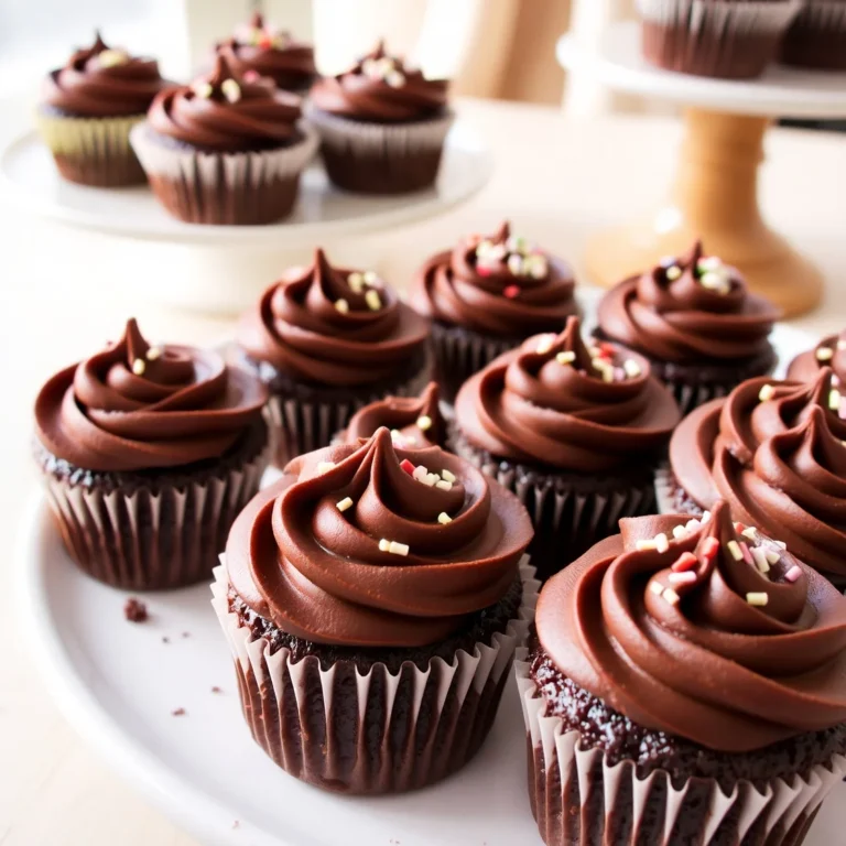Close-up of chocolate mini cupcakes topped with chocolate frosting and colorful sprinkles on a wooden table.