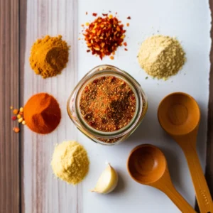"Homemade taco seasoning in a glass jar surrounded by chili powder, cumin, garlic powder, and other spices, with measuring spoons beside it."