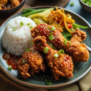 Plate of crispy, golden Korean fried chicken drizzled with sweet and spicy sauce, garnished with sesame seeds and green onions, served with pickled vegetables and rice