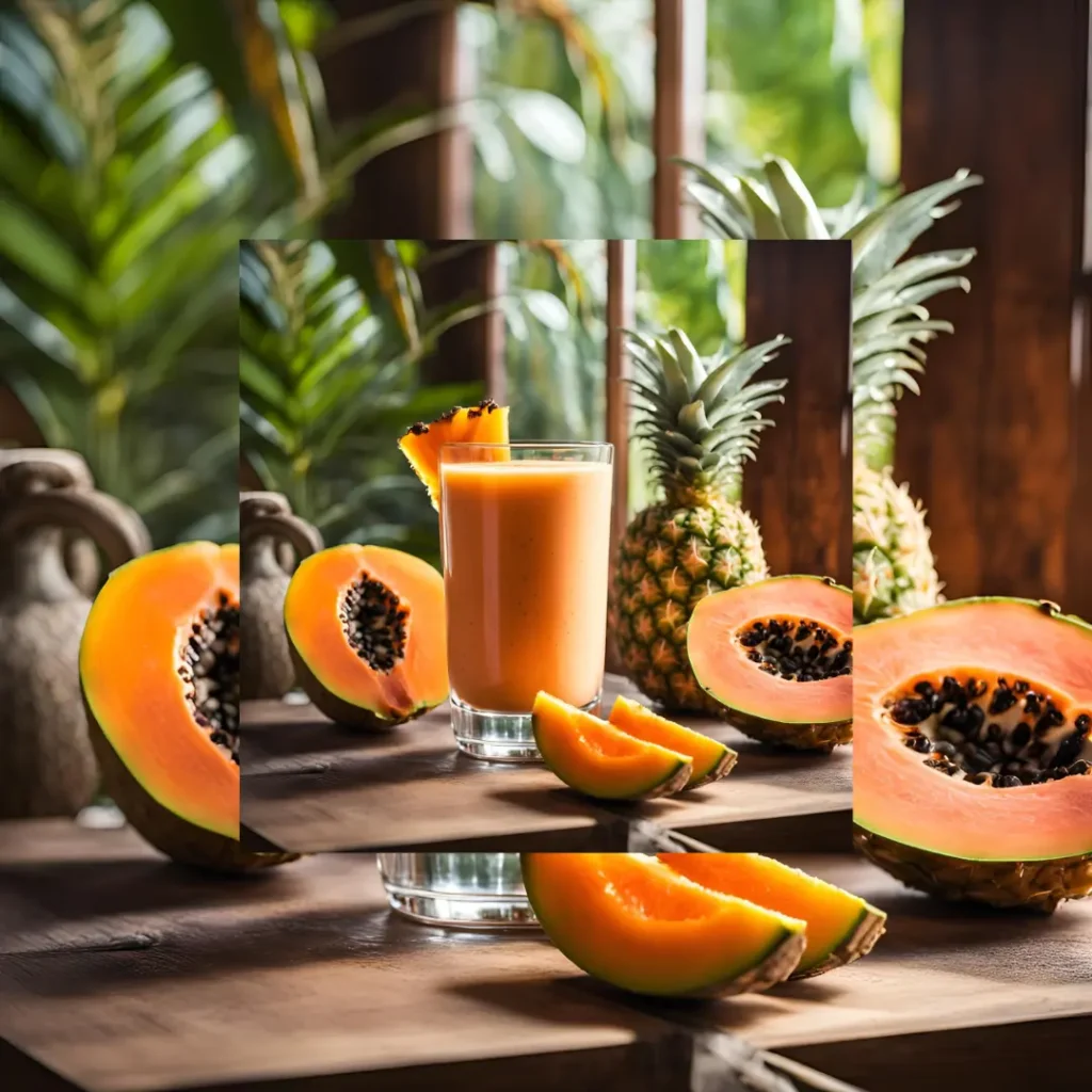 A refreshing papaya and pineapple smoothie in a glass, with fresh papaya and pineapple slices on a wooden table