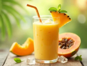 A refreshing glass of papaya and pineapple smoothie, blended to a smooth consistency and garnished with a slice of papaya and a pineapple wedge.