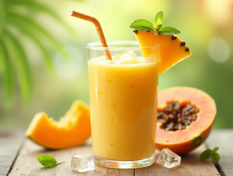 A refreshing glass of papaya and pineapple smoothie, blended to a smooth consistency and garnished with a slice of papaya and a pineapple wedge.