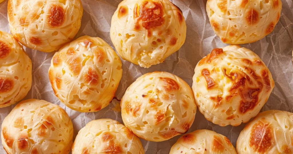 A close-up of a group of golden brown, round Pão de queijo, a Brazilian cheese bread.