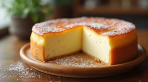 A freshly baked Japanese cheesecake with a golden-brown top, light and fluffy interior, and a dusting of powdered sugar, sitting on a wooden plate.