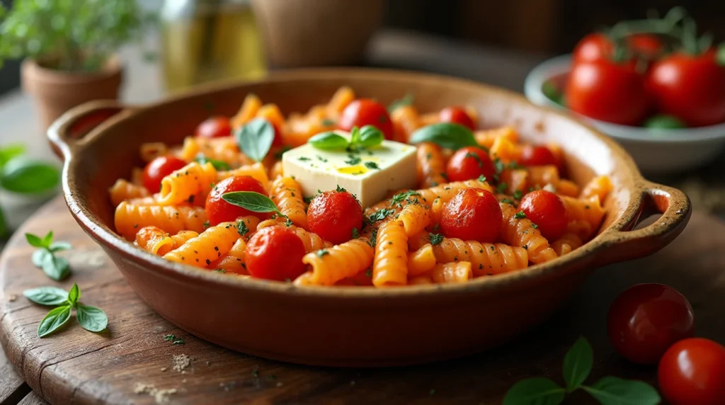 Creamy baked feta pasta in a rustic dish with blistered cherry tomatoes, al dente penne, fresh basil, and a drizzle of olive oil.