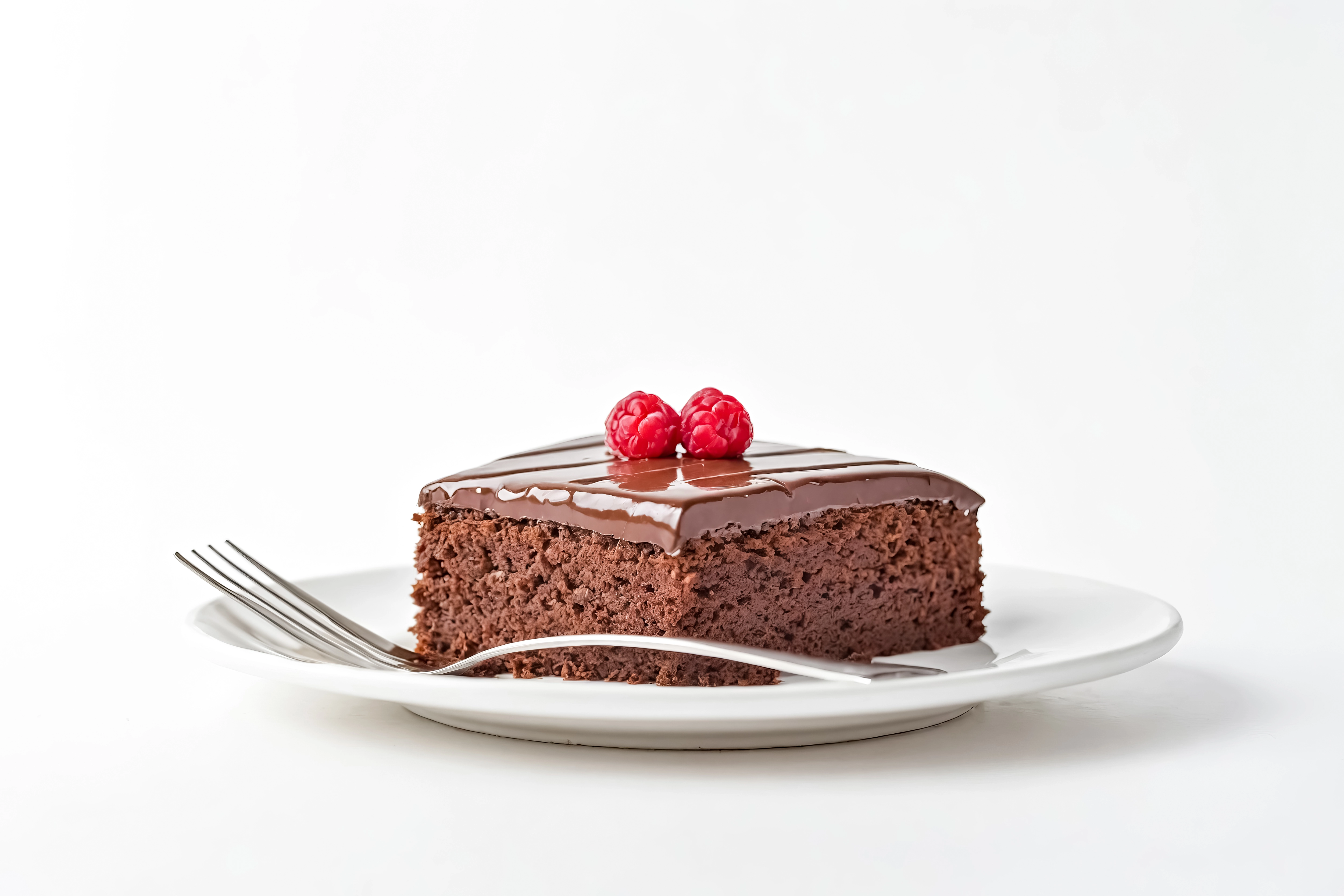 A slice of chocolate cake on a white plate, topped with two raspberries.