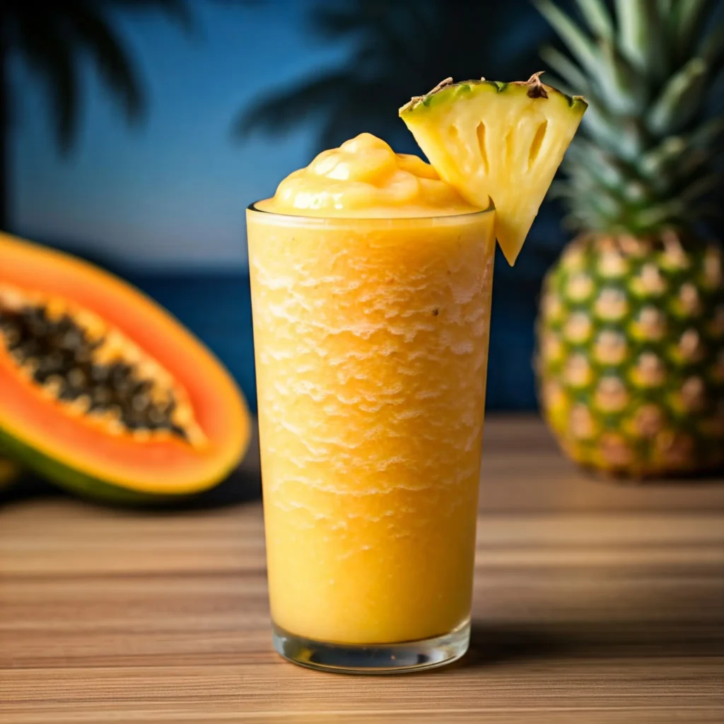 A refreshing glass of papaya and pineapple smoothie, blended to a smooth consistency and garnished with a slice of papaya and a pineapple wedge.