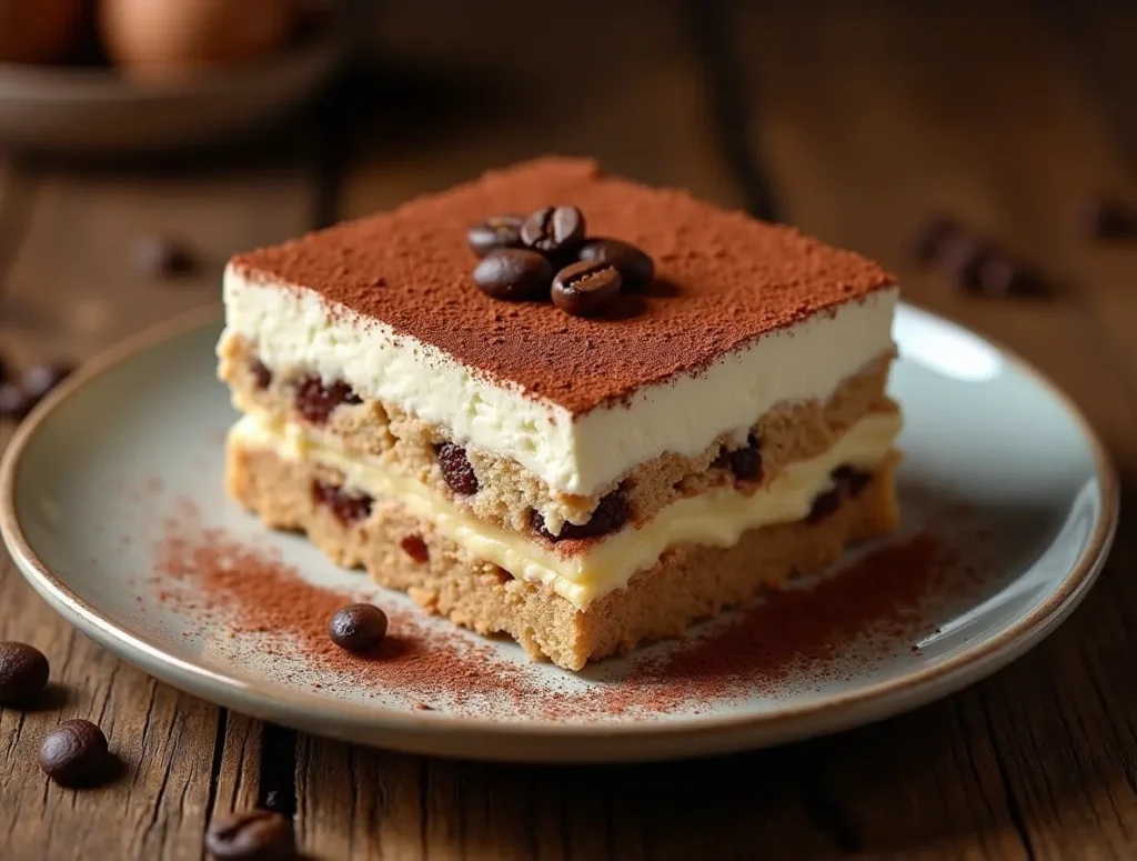 Close-up of a tiramisu dessert with layers of ladyfingers soaked in coffee and mascarpone cream, garnished with coffee beans.