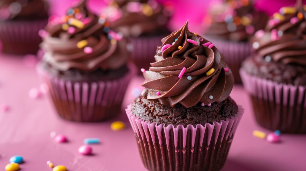 Chocolate cupcakes with chocolate frosting and colorful sprinkles.