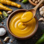 A bowl of creamy aji amarillo sauce with a smooth texture, surrounded by fresh yellow chili peppers, garlic, lime wedges, and spices on a dark surface.