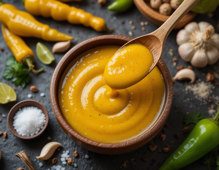 A bowl of creamy aji amarillo sauce with a smooth texture, surrounded by fresh yellow chili peppers, garlic, lime wedges, and spices on a dark surface.