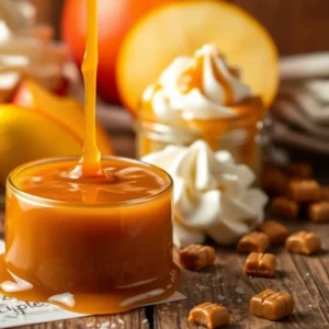 A close-up of homemade caramel recipe sauce being poured into a jar, with butter, sugar, and vanilla bean in the background, showcasing its glossy, golden texture.