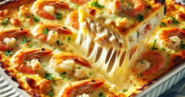 A freshly baked seafood lasagna in a white ceramic dish, topped with golden melted cheese, with shrimp and crab visible between creamy layers. Garnished with parsley and steaming hot.