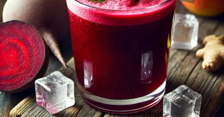 A glass of freshly made beetroot juice with a deep red-purple color, garnished with an apple slice and a sprig of mint, served with ice cubes on a rustic wooden surface. Whole beetroots, a sliced apple, a peeled lemon, and a piece of ginger are arranged nearby.