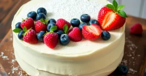 A fluffy vanilla cake with buttercream frosting and fresh berries, served on a white plate with a fork beside it.