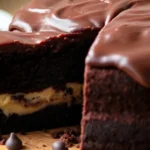 A slice of homemade Ding Dong Cake with creamy filling and glossy ganache topping.