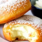 Fluffy Italian Bomboloni doughnuts dusted with sugar and filled with jam.