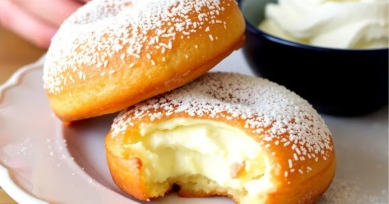 Fluffy Italian Bomboloni doughnuts dusted with sugar and filled with jam.