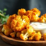 Golden, crispy cauliflower florets with a crunchy coating served on a wooden plate with a side of creamy dipping sauce.