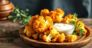 Golden, crispy cauliflower florets with a crunchy coating served on a wooden plate with a side of creamy dipping sauce.