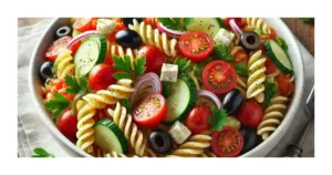 A bowl of freshly prepared pasta salad with rotini pasta, cherry tomatoes, cucumber, red bell pepper, red onion, black olives, and crumbled feta cheese, garnished with fresh parsley and drizzled with olive oil-based dressing.