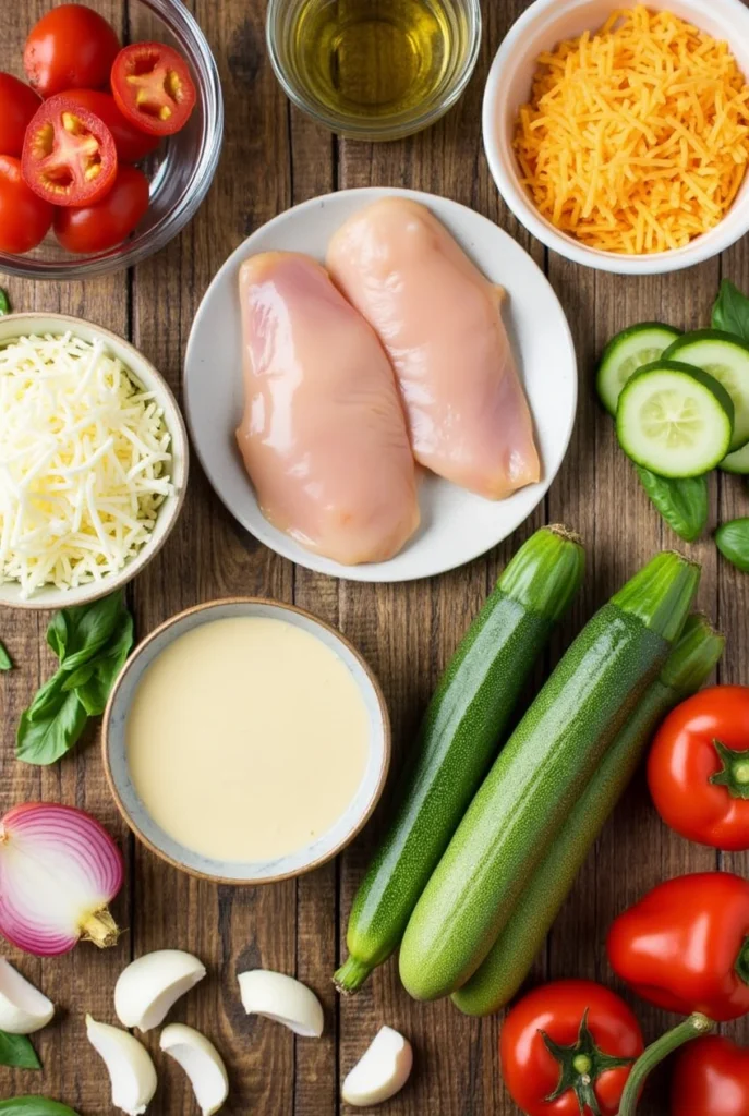 Cheesy Chicken and Vegetable Casserole ingredients laid out on a wooden surface.