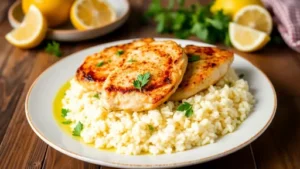 "Greek Chicken and Lemon Rice served with fresh parsley and lemon wedges."