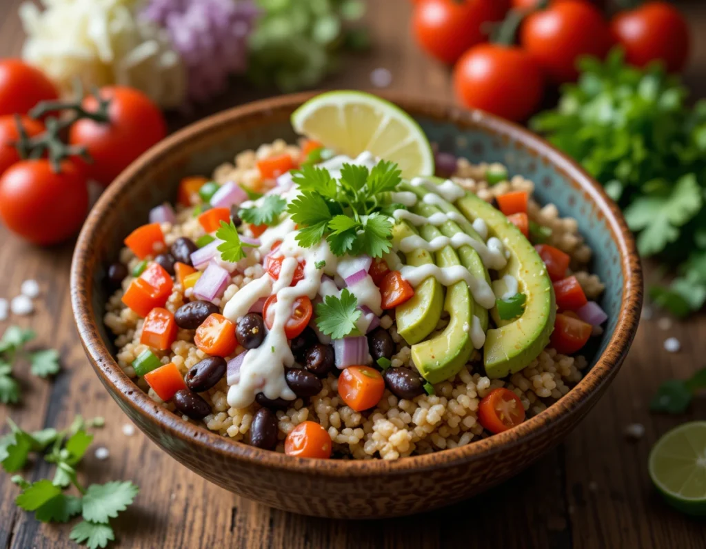 A colorful taco bowl with a base of quinoa or rice, topped with smoky chipotle black beans, diced tomatoes, red onion, avocado slices, and a drizzle of lime crema. Garnished with fresh cilantro and a lime wedge, served in a rustic ceramic bowl on a wooden table.