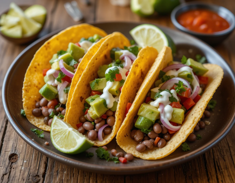 Three Chipotle Black Bean Tacos served on a rustic plate, filled with smoky black beans, avocado, diced tomatoes, red onion, cilantro, and a drizzle of lime crema. Garnished with fresh lime wedges and a side of salsa.