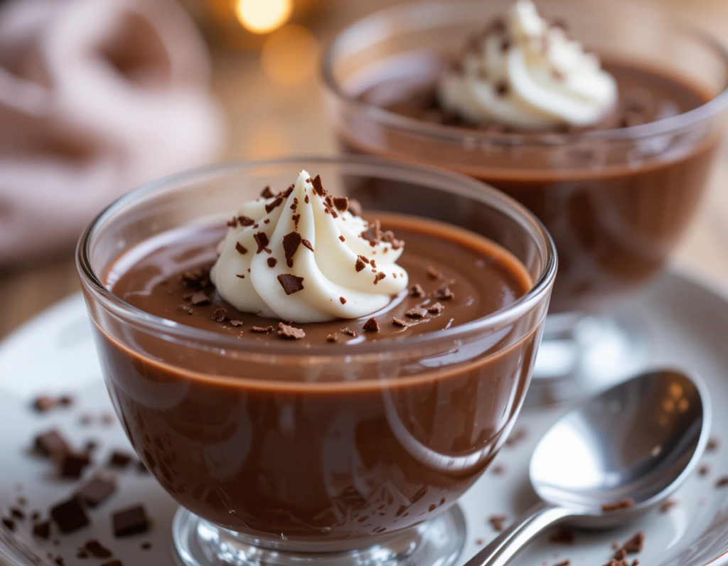 A close-up of a rich and creamy Chocolate Budino in a glass ramekin, topped with a swirl of whipped cream and sprinkled with chocolate shavings. A second budino is slightly blurred in the background, with a spoon resting on a white plate.