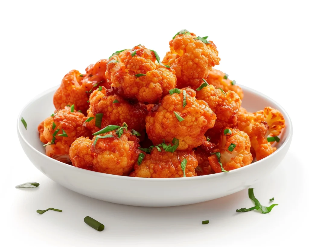 "Crispy buffalo cauliflower bites garnished with fresh herbs in a white bowl on a white background."