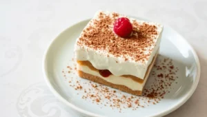 A delicious Tiramisu dessert on a plate with layers of creamy mascarpone and coffee-soaked ladyfingers, topped with cocoa powder.