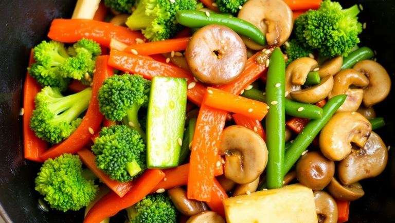 Colorful veggie stir-fry with broccoli, bell pepper, carrots, zucchini, snap peas, and mushrooms in a sweet and savory sauce