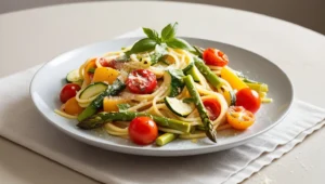 Plate of Pasta Primavera with colorful vegetables like zucchini, bell peppers, cherry tomatoes, and asparagus, topped with grated Parmesan cheese and fresh basil.