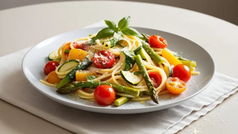 Plate of Pasta Primavera with colorful vegetables like zucchini, bell peppers, cherry tomatoes, and asparagus, topped with grated Parmesan cheese and fresh basil.