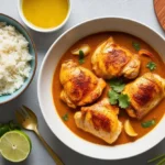 A plate of Spicy Brazilian Coconut Chicken with rice, garnished with cilantro, lime, and red chilies.