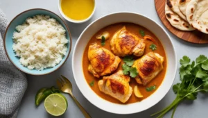 A plate of Spicy Brazilian Coconut Chicken with rice, garnished with cilantro, lime, and red chilies.